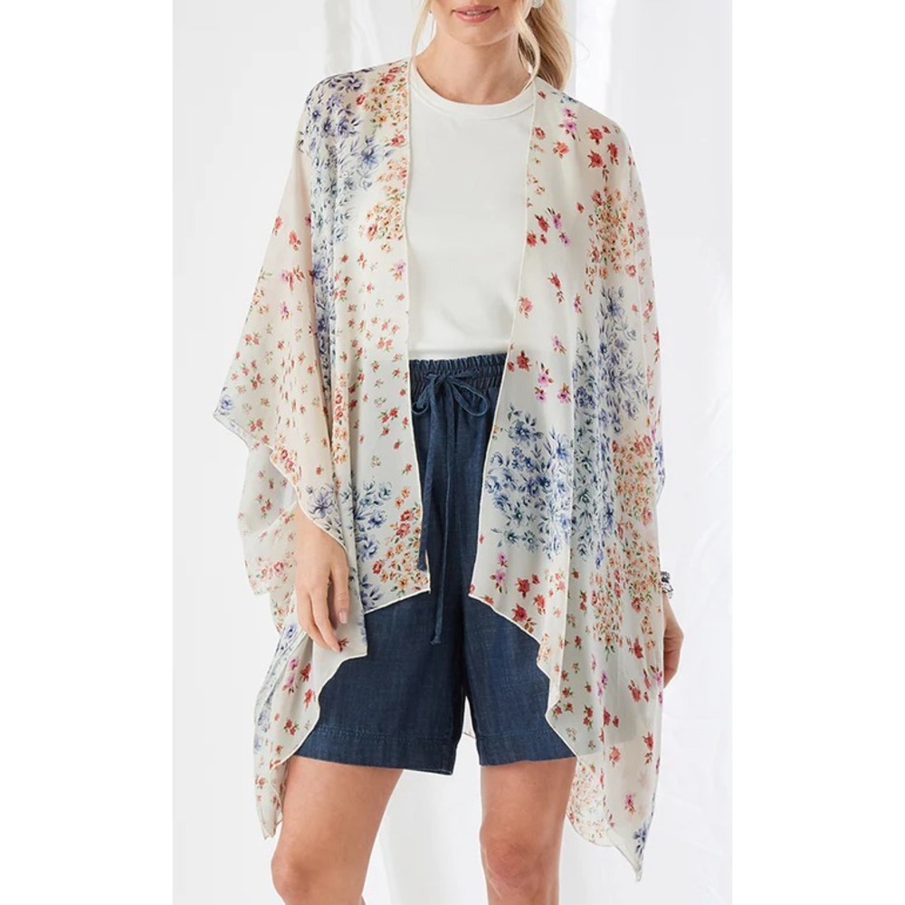 New 138$ Karen Kane Bright Beachy Open Front Jacket Lightweight Floral Size M/L